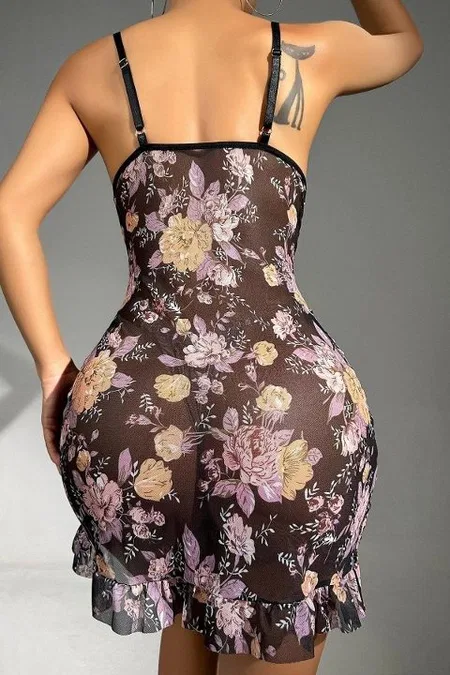 Siyah Çiçek Desenli Transparan Mini Elbise Bella Notte 15570 - Siyah