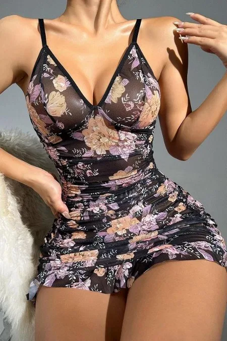 Siyah Çiçek Desenli Transparan Mini Elbise Bella Notte 15570 - Siyah