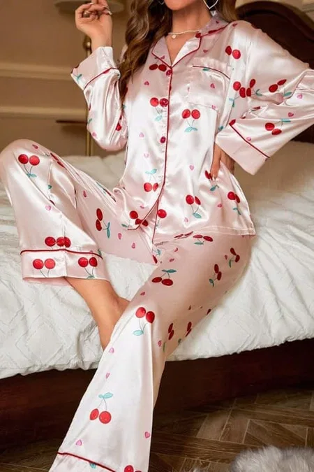 Kiraz Desenli Saten Toz Pembe Pijama Takımı Bella Notte 7065 - Pembe