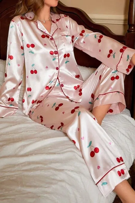 Kiraz Desenli Saten Toz Pembe Pijama Takımı Bella Notte 7065 - Pembe