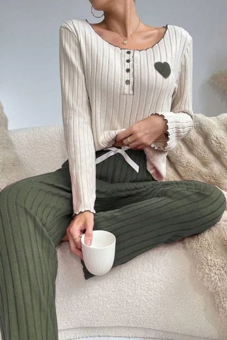 Yeşil Pamuklu Kalp Detaylı Pijama Takımı Bella Notte 7089 - Haki Yeşil