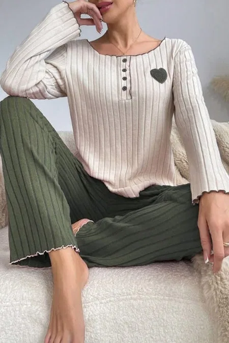 Yeşil Pamuklu Kalp Detaylı Pijama Takımı Bella Notte 7089 - Haki Yeşil