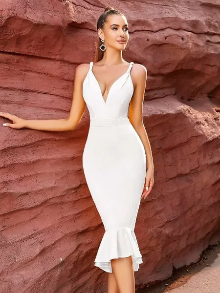 Beyaz Askılı Dekolteli Uzun Elbise Pink Night 5502 - Beyaz