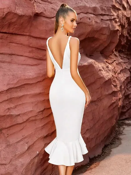 Beyaz Askılı Dekolteli Uzun Elbise Pink Night 5502 - Beyaz