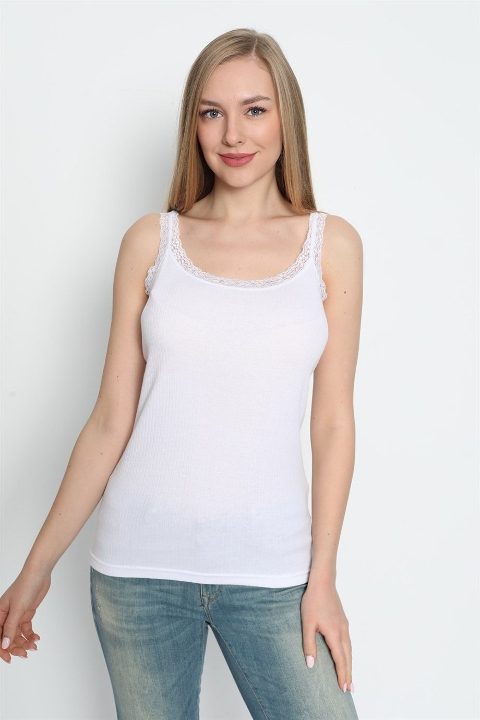 Dantel Detaylı İnce Askılı Atlet Pamuk Ribana Arma Yıldız 3362 - Beyaz