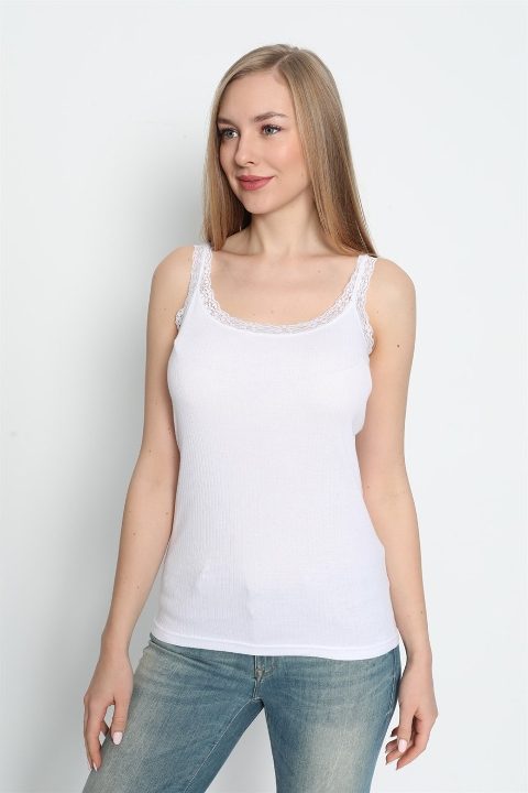 Dantel Detaylı İnce Askılı Atlet Pamuk Ribana Arma Yıldız 3362 - Beyaz