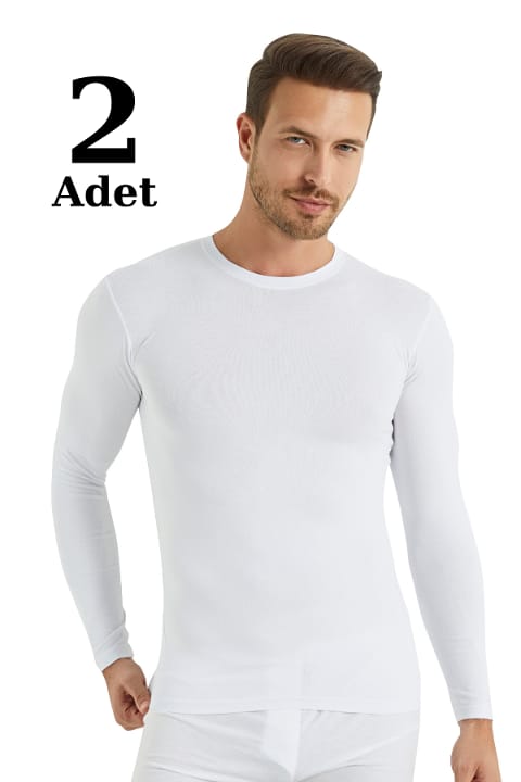 Pamuklu Uzun Kollu Bisiklet Yaka Erkek Tişört Arma Yıldız 1189 - Beyaz