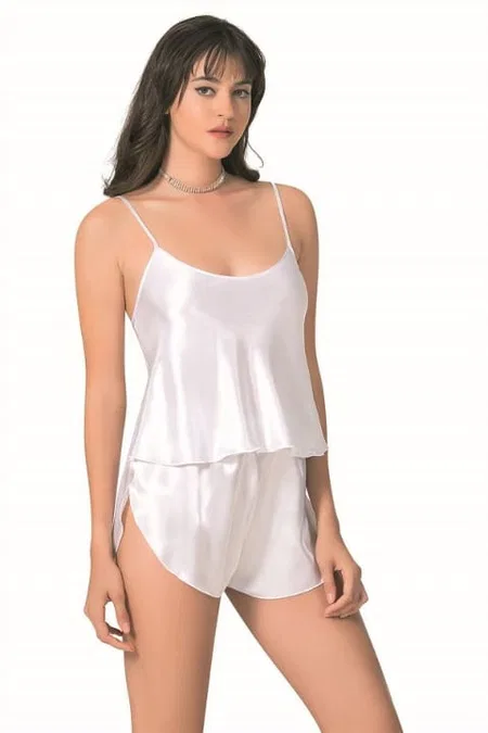 Beyaz Saten Şort Takımı Kadın Pijama Ahu 9089 - Beyaz