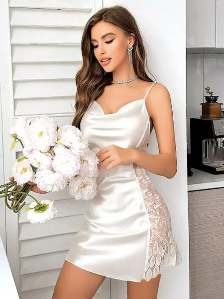 Beyaz Saten Dantel Yanları Fantezi Body Pink Night 3818 - Beyaz
