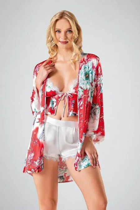 Kırmızı Çiçek Desenli Bodysuit 3lü Şort Takım Ahu 7724 - Kırmızı