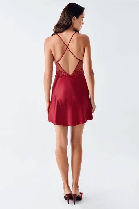 Bordo Tül Dantel Detaylı Saten Gecelik Takım İmaj 104 - Bordo