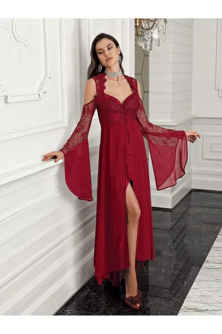 Bordo Transparan Dantel Saten Gecelik Takım İmaj 3204 - Bordo