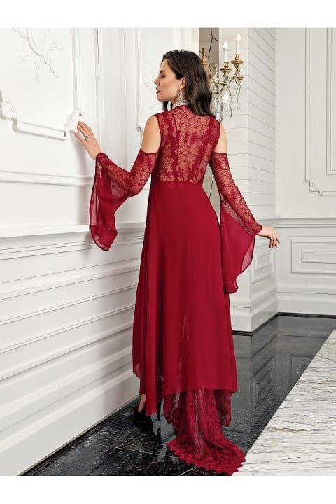 Bordo Transparan Dantel Saten Gecelik Takım İmaj 3204 - Bordo