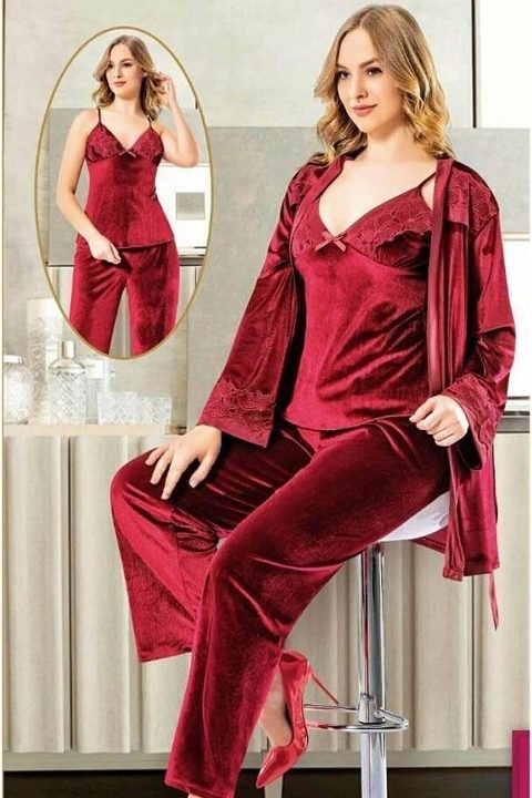 Bordo Kadife 3'lü Pijama Takımı XSES 5100