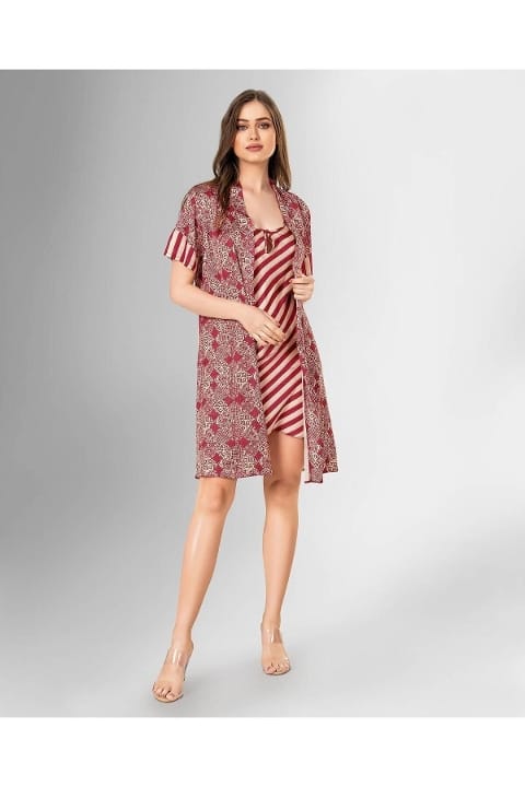 Bordo Çizgili Kadın Gecelik Ahu 1842