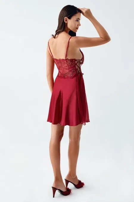 Bordo Dantelli Transparan Mini Gecelik Takımı İmaj 4230 - Bordo