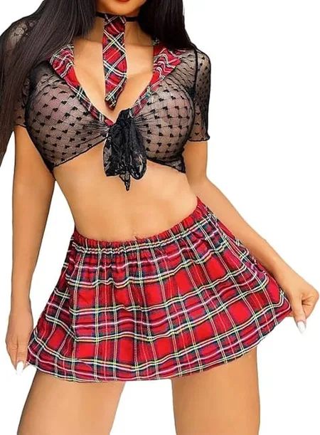 Bordo Ekose Transparan Seksi Fantezi Kadın Kostüm Real Passione 20068 - Bordo