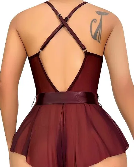 Bordo Dantel Tek Parça Body Lily Bianca 1012 - Bordo