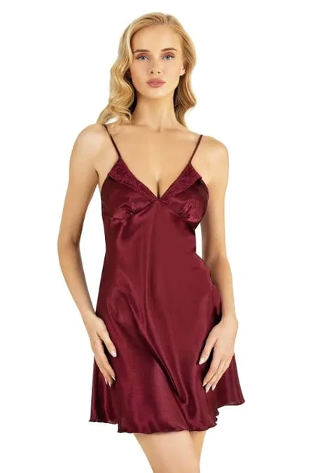 Bordo İnce Askılı Kısa Saten Gecelik Ahu 8201 - Bordo
