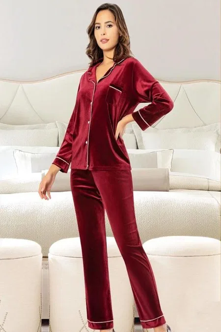 Bordo Kadife Emzirme Açıklığına Sahip Lohusa Pijama Takımı XSES 5500 - Bordo