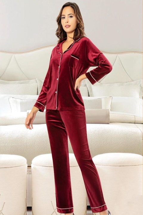 Bordo Kadife Emzirme Açıklığına Sahip Lohusa Pijama Takımı XSES 5500