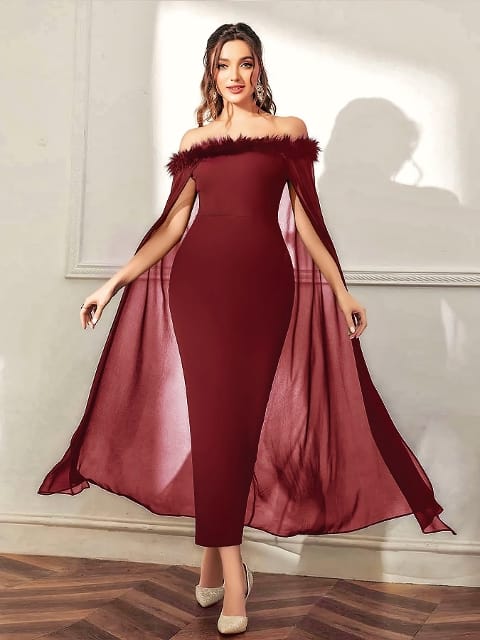 Bordo Peluş Uzun Elbise Pelerinli Pink Night 5546 - Bordo