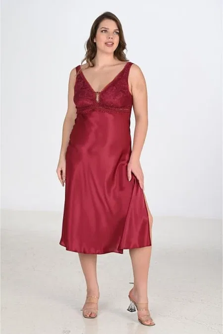Bordo Renkli Sabahlık Gecelik 2'li Takım Bigsize Ahu 6229 - Bordo