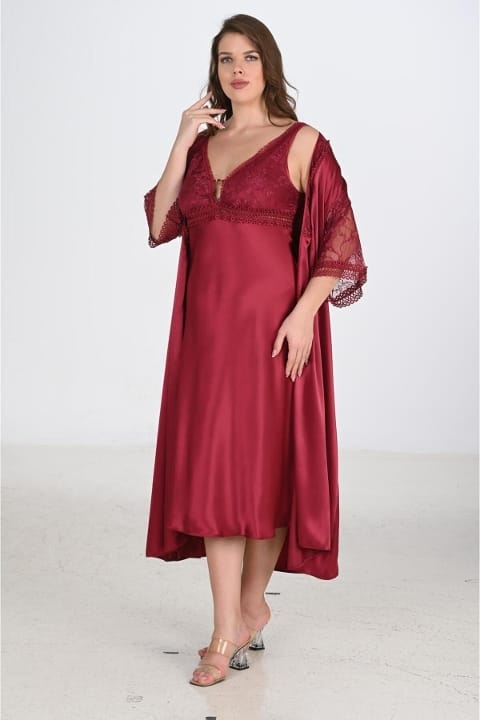 Bordo Renkli Sabahlık Gecelik 2'li Takım Bigsize Ahu 6229 - Bordo