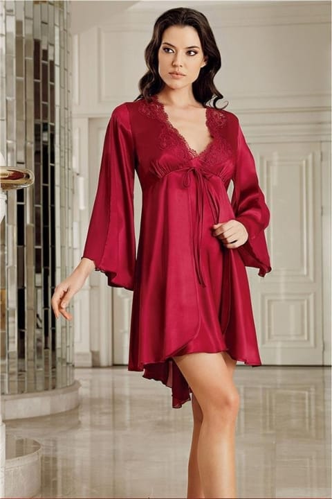 Bordo Saten Sabahlıklı Gecelik İkili Set İmaj 101 - Bordo