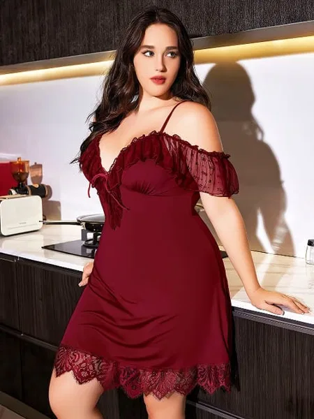 Bordo Seksi Büyük Beden Fantezi Gecelik Pink Night 6692 - Bordo