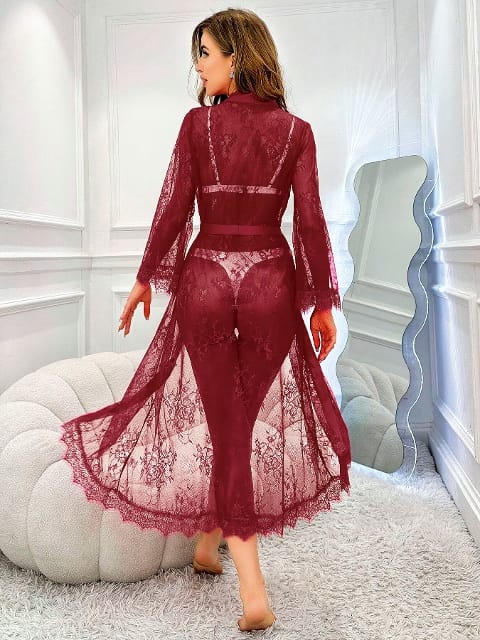 Bordo Dantelli Uzun Sabahlık Kadın Pijama Takımı Pink Night 1322 - Bordo