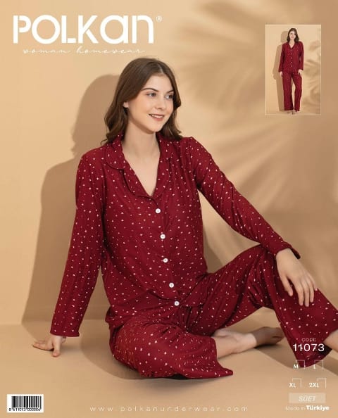 Bordo Yıldız Desenli Uzun Kollu Pijama Takımı Polkan 11073 - Bordo