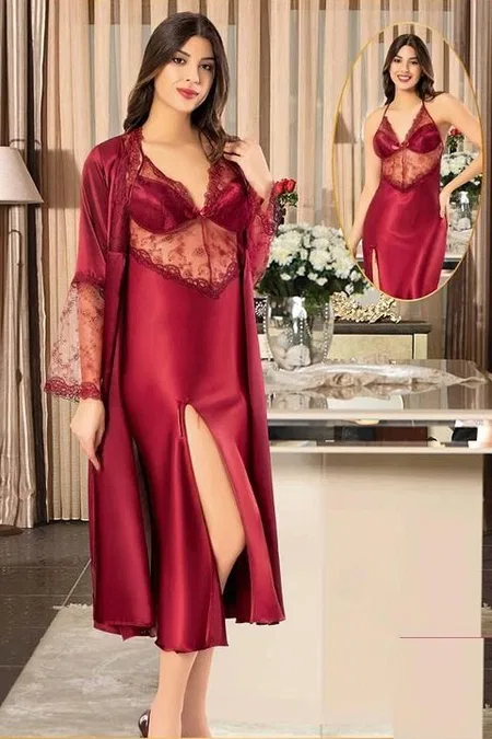 Bordo Dantelli İnce Askılı Gecelik Sabahlık Seti XSES 2110 - Bordo