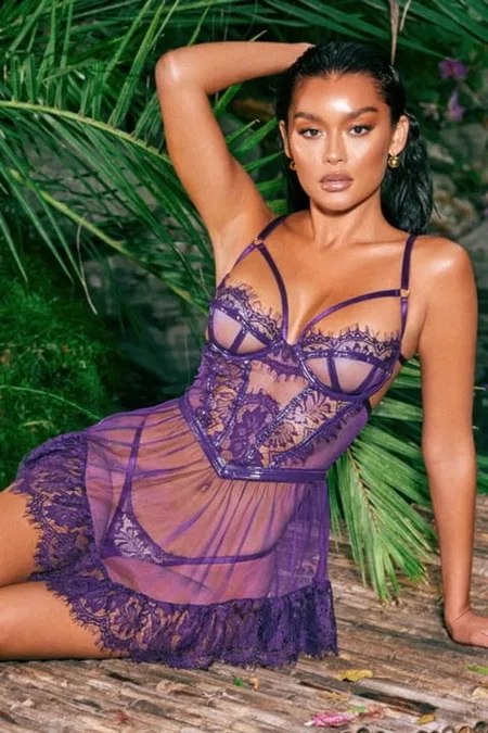 Şeffaf Dantel Tek Parça Body For Dreams 8474 - Mor