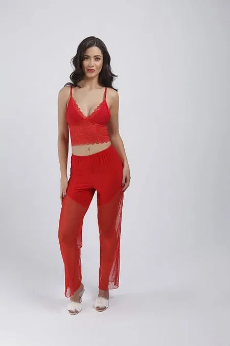 Dantelli 4'lü Gecelik Sabahlık Pijama Set Takım Büşra 4412 - Kırmızı
