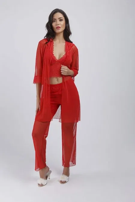 Dantelli 4'lü Gecelik Sabahlık Pijama Set Takım Büşra 4412 - Kırmızı