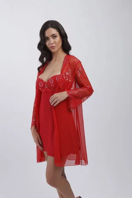 Dantelli Tüllü Gecelik Sabahlık 4'lü Set Büşra 4416 - Kırmızı