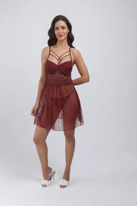 Puantiyeli Balensiz Fantazi Gecelik Büşra 782 - Bordo