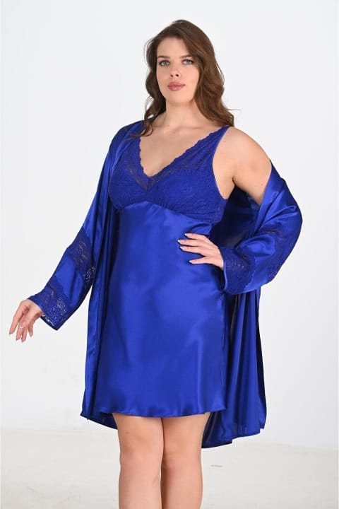 Büyük Beden Ekru Saks Sabahlık Gecelik Takım Ahu 6211 - 2