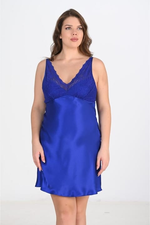 Büyük Beden Ekru Saks Sabahlık Gecelik Takım Ahu 6211 - Lacivert