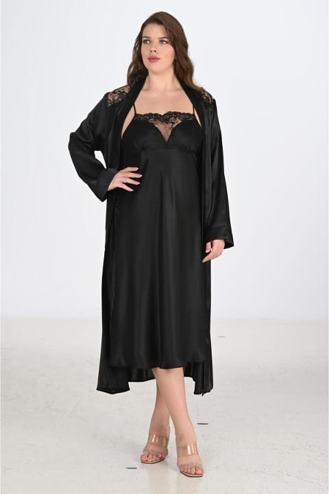 Büyük Beden Somon Renk Sabahlıklı Gecelik Takımı Ahu 6221 - Siyah