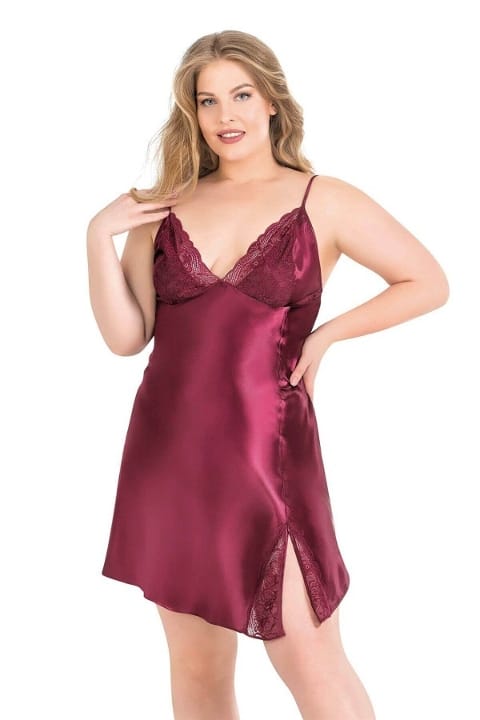 Büyük Beden Bordo Saten Gecelik Sabahlık Takımı Ahu 6156 - 2