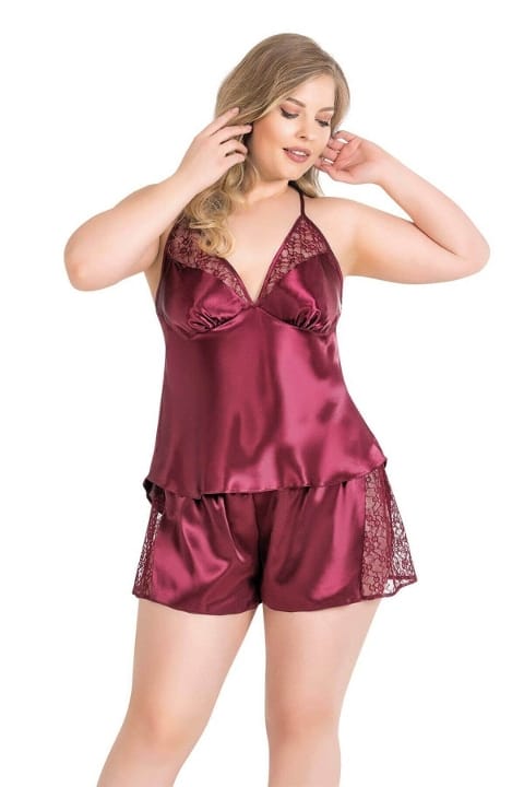 Büyük Beden Bordo Saten Babydoll Şort Takımı Ahu 1059