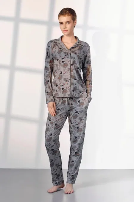 Büyük Beden Çiçek Desenli Pijama Takımı Doreanse 25K4030 - Gri