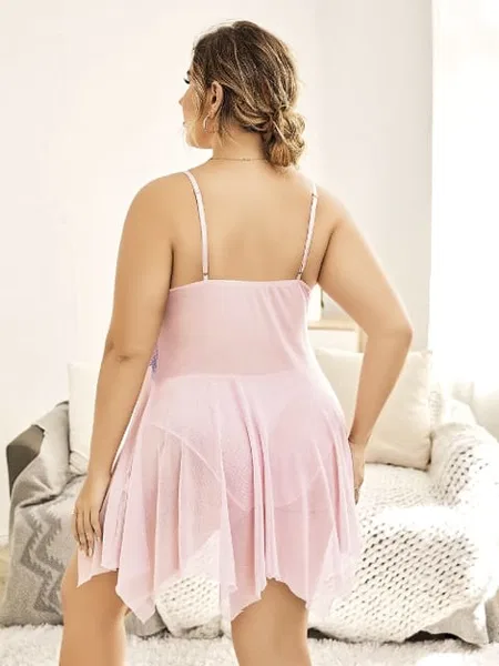 Çiçekli Tül Dantel Body Büyük Beden Pink Night 6680 - Beyaz