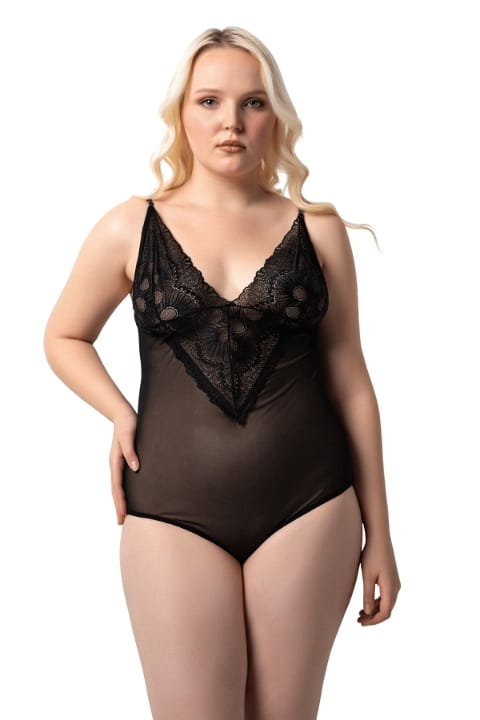 Büyük Beden Transparan Bodysuit Dantel Detaylı Donex 8020 - Siyah