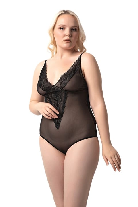 Büyük Beden Transparan Bodysuit Dantel Detaylı Donex 8020 - Siyah