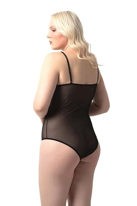Büyük Beden Transparan Bodysuit Dantel Detaylı Donex 8020 - Siyah