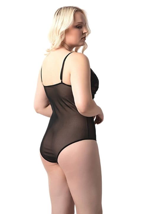 Büyük Beden Transparan Bodysuit Dantel Detaylı Donex 8020 - Siyah