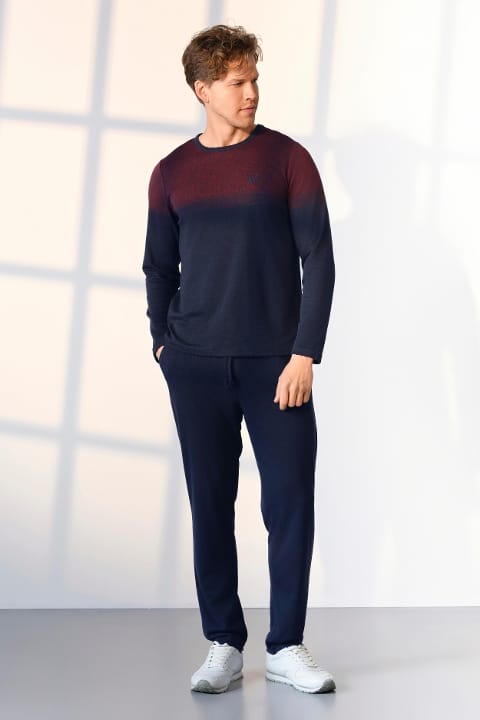 Büyük Beden Erkek Lacivert Bordo Detaylı T-Shirt Pijama Takımı Doreanse 25K4535P - Lacivert